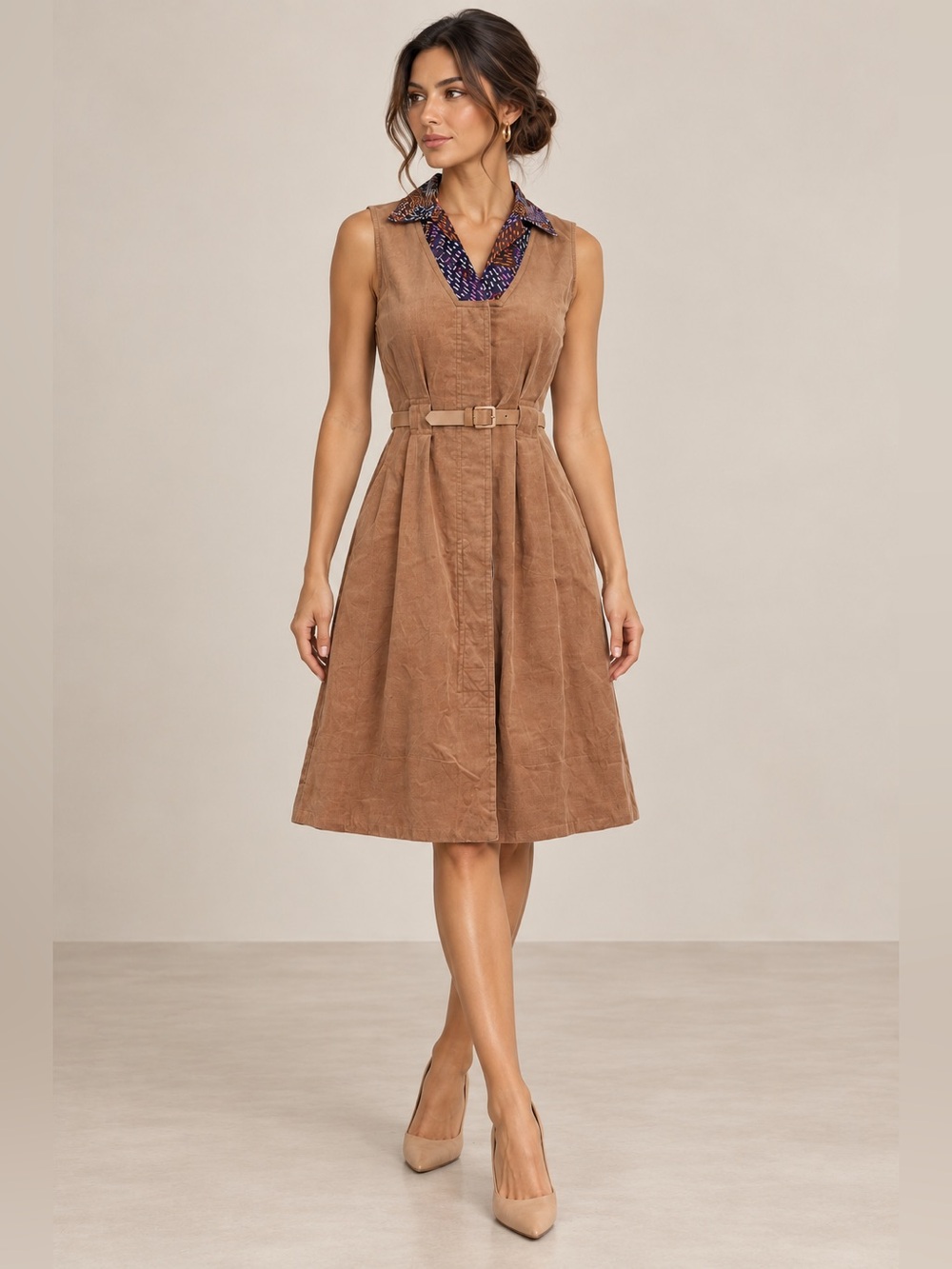 Zac Posen Belted Corduroy Shirt Dress with Patterned Collar - Size S